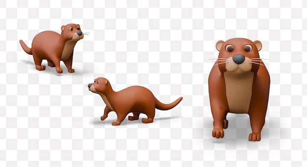Lindo y realista vista delantera de la nutria y diferentes lados carácter vectorial positivo