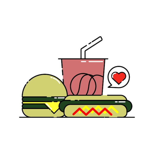 Lindo refresco, bebida fría, hamburguesa de queso y perrito caliente, comida callejera, ilustración al estilo de dibujos animados.