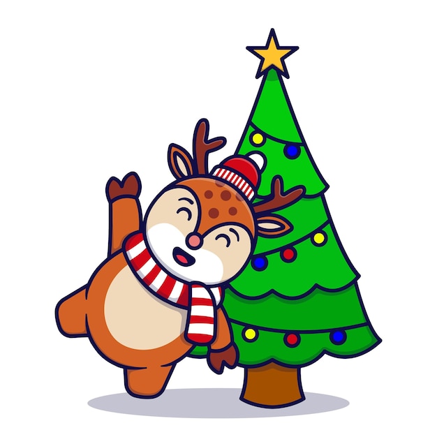 Lindo reno con árbol de Navidad Ilustración de dibujos animados vectoriales aislados en fondo blanco