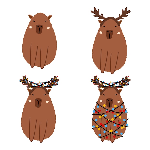 Lindo reno capibara santa en ilustración vectorial de estilo plano para tarjeta de felicitación
