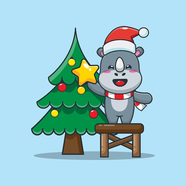 Lindo rinoceronte con árbol de Navidad en el día de Navidad Linda ilustración de dibujos animados de Navidad
