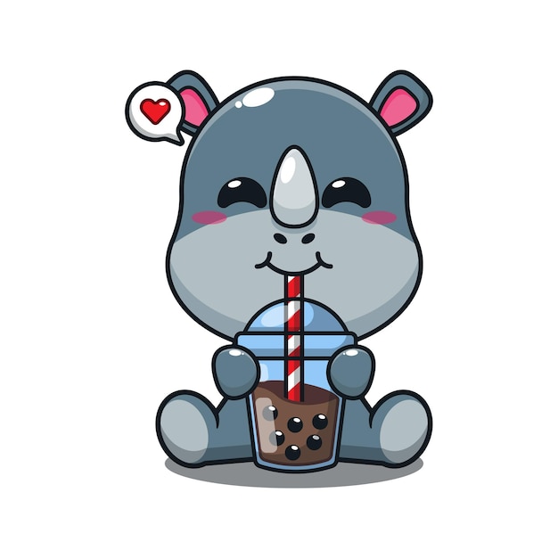 lindo rinoceronte bebida boba leche té dibujos animados vector ilustración