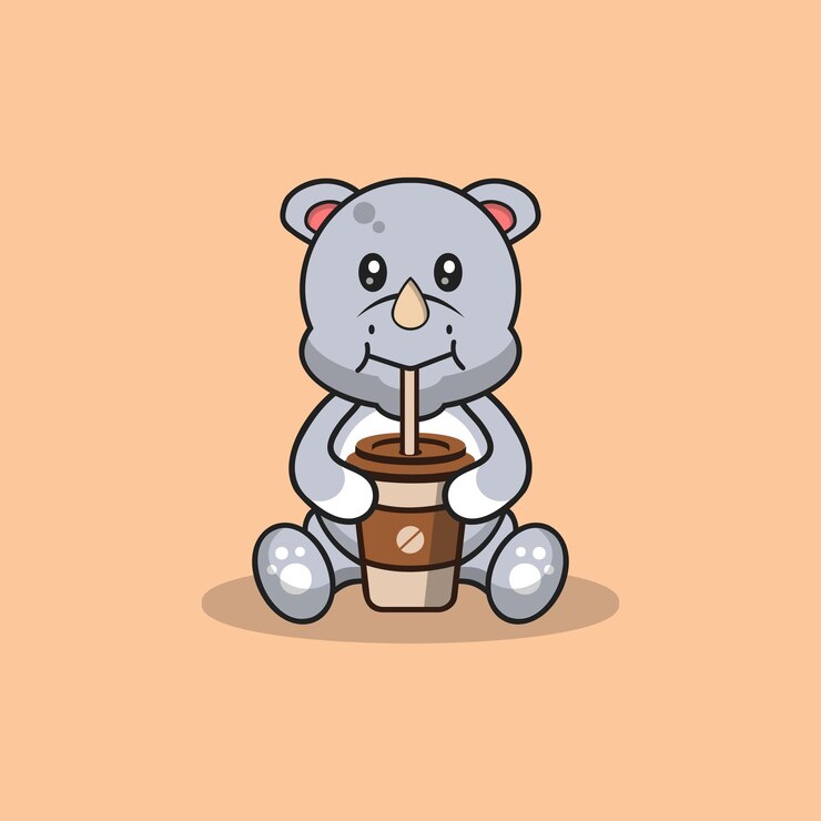 Vector lindo rinoceronte bebiendo café dibujos animados vector plano ilustración concepto aislado