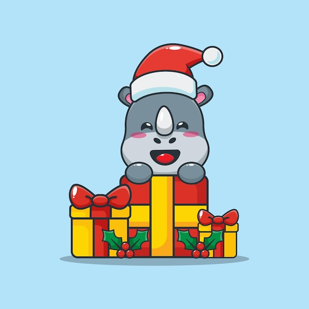 Lindo rinoceronte y caja de regalo de Navidad Linda ilustración de dibujos animados de Navidad