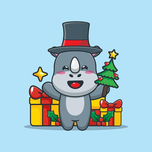 Lindo rinoceronte en el día de Navidad con árbol de Navidad y estrella Linda ilustración de dibujos animados de Navidad