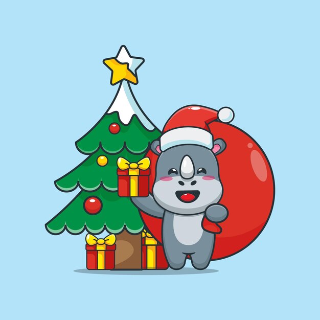 Lindo rinoceronte en el día de Navidad con regalo Linda ilustración de dibujos animados de Navidad