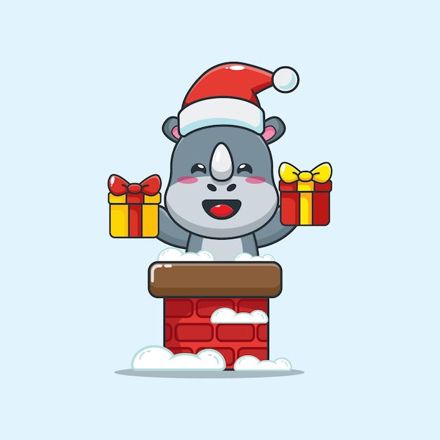 Lindo rinoceronte con gorro de Papá Noel fuera de la chimenea Linda ilustración de dibujos animados de Navidad