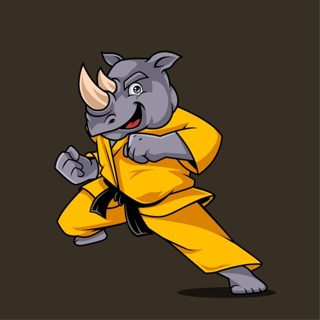 Lindo rinoceronte karate mascota vector ilustración