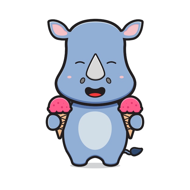 Lindo rinoceronte sosteniendo helado personaje de dibujos animados ilustración del icono
