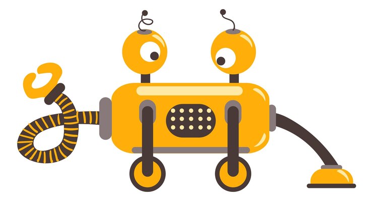 Vector lindo robot amarillo ayudando a bot máquina de dibujos animados