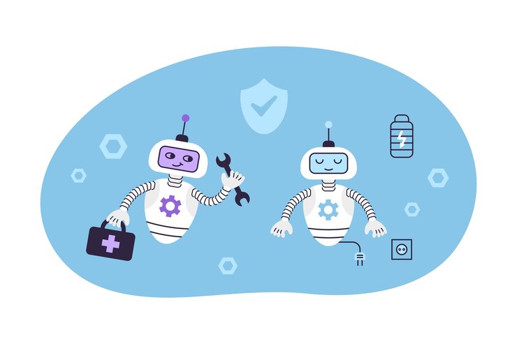 Vector lindo robot androide reparando otro concepto de robot de seguridad digital y soporte técnico