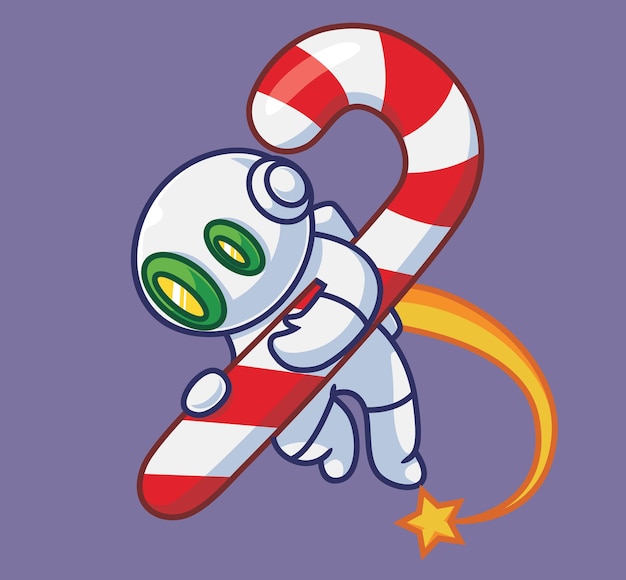 Lindo robot astronauta colgando de un caramelo gigante Persona de dibujos animados aislada Ilustración de Navidad
