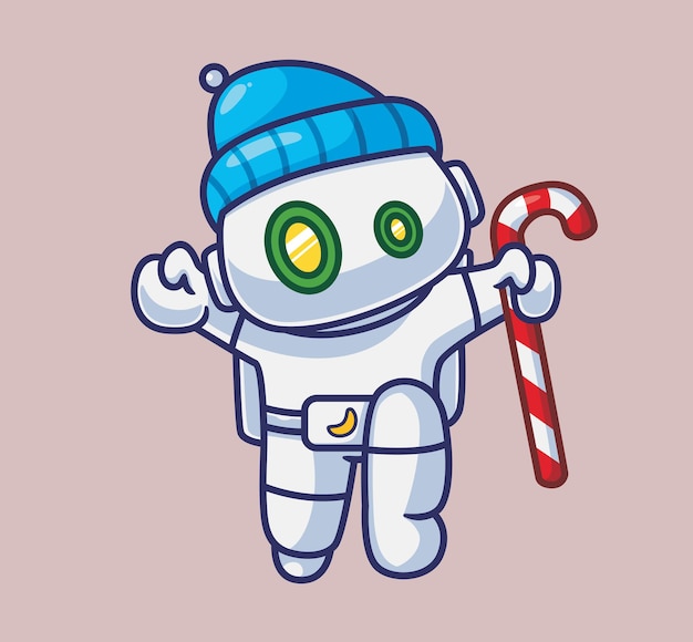 Lindo robot astronauta se siente feliz persona de dibujos animados aislada ilustración de navidad estilo plano