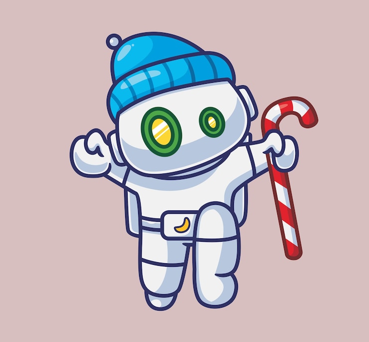 Vector lindo robot astronauta se siente feliz persona de dibujos animados aislada ilustración de navidad estilo plano