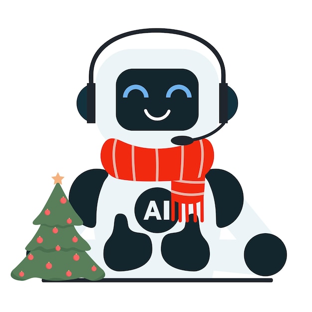 El lindo robot de chat con bufanda roja y con árbol de Navidad muestra el pulgar hacia arriba para el soporte al cliente ai bot