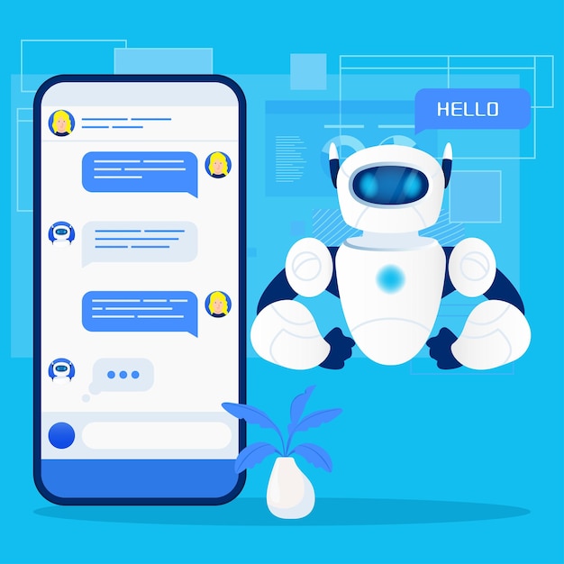 Vector lindo robot de chat, chatbot, mascota de personaje con teléfono inteligente en fondo azul