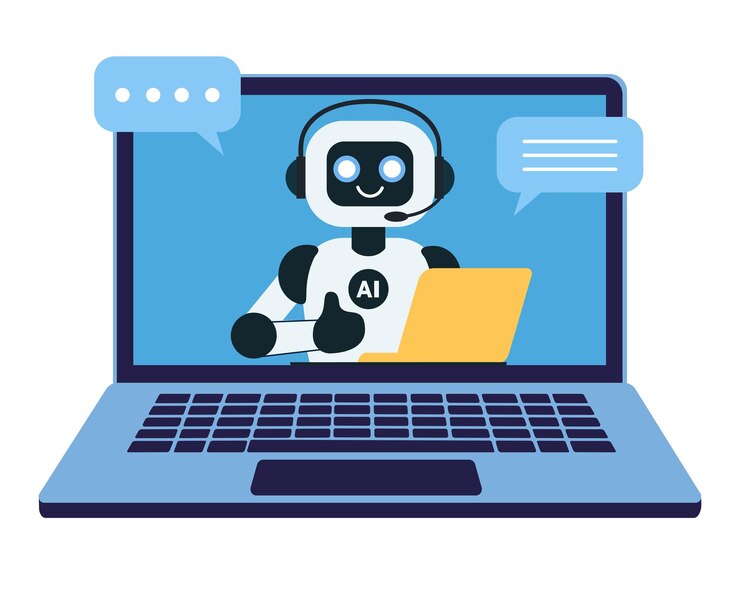 Vector un lindo robot de chat con una computadora portátil amarilla muestra los pulgares hacia arriba en la pantalla azul del monitor de la computadora portable