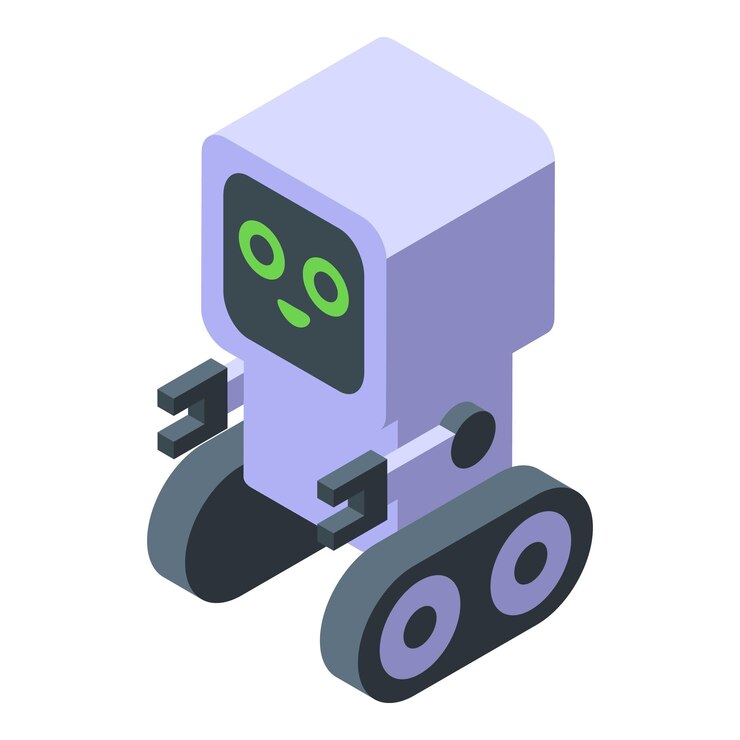 Vector un lindo robot de chat que se mueve sobre ruedas y muestra inteligencia artificial