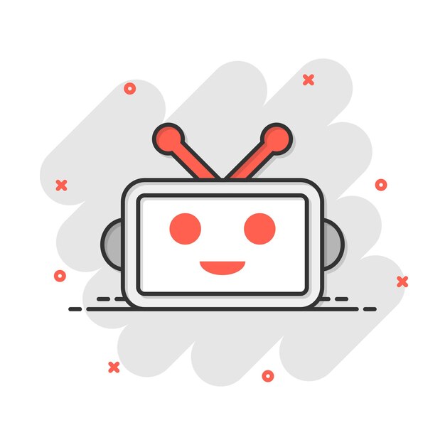 Lindo robot chatbot icono en estilo cómico Bot operador vector dibujos animados ilustración pictograma Smart chatbot carácter empresarial concepto efecto de salpicadura