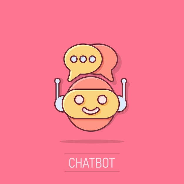 Lindo robot chatbot icono en estilo cómico Bot operador vector dibujos animados ilustración pictograma Smart chatbot carácter empresarial concepto efecto de salpicadura
