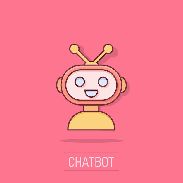 Lindo robot chatbot icono en estilo cómico Bot operador vector dibujos animados ilustración pictograma Smart chatbot carácter empresarial concepto efecto de salpicadura
