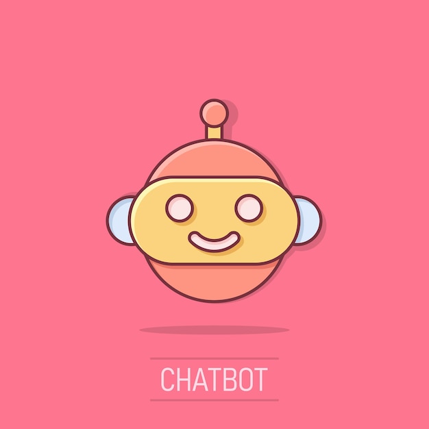 Lindo robot chatbot icono en estilo cómico Bot operador vector dibujos animados ilustración pictograma Smart chatbot carácter empresarial concepto efecto de salpicadura