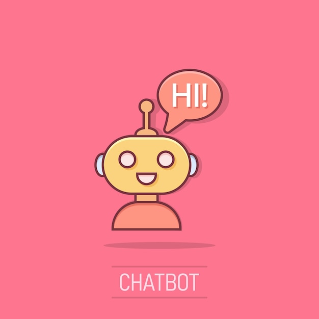 Lindo robot chatbot icono en estilo cómico Bot operador vector dibujos animados ilustración pictograma Smart chatbot carácter empresarial concepto efecto de salpicadura