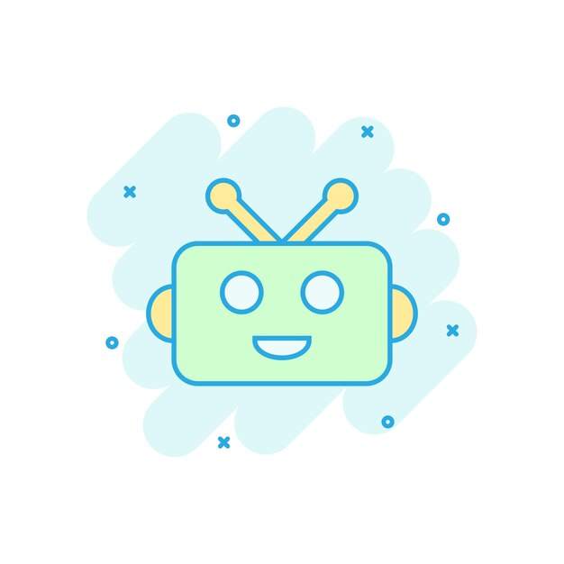 Lindo robot chatbot icono en estilo cómico Bot operador vector dibujos animados ilustración pictograma Smart chatbot carácter empresarial concepto efecto de salpicadura