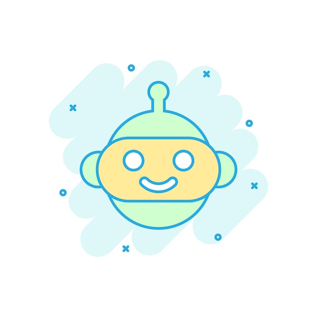 Lindo robot chatbot icono en estilo cómico Bot operador vector dibujos animados ilustración pictograma Smart chatbot carácter empresarial concepto efecto de salpicadura