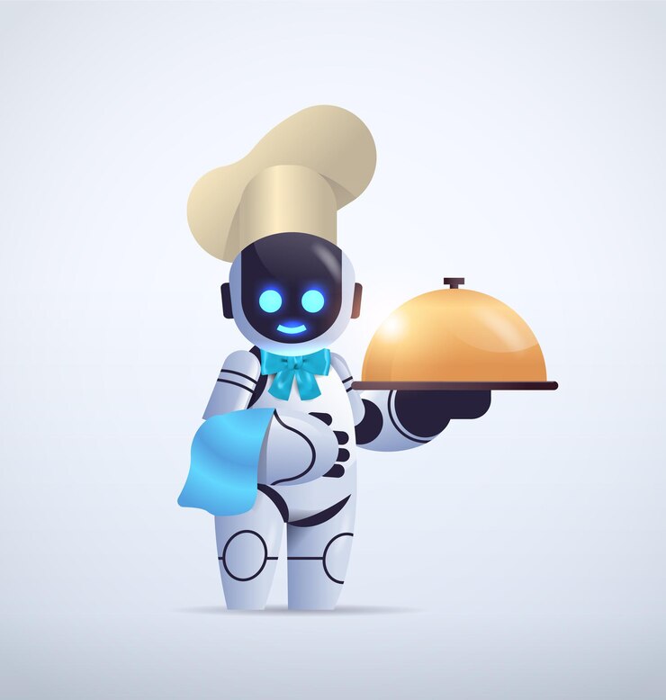 Vector lindo robot chef con sombrero sosteniendo sirviendo cloche personaje robótico moderno cocinando en la cocina tecnología de inteligencia artificial
