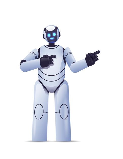 lindo robot cyborg apuntando a algo moderno personaje robótico tecnología de inteligencia artificial