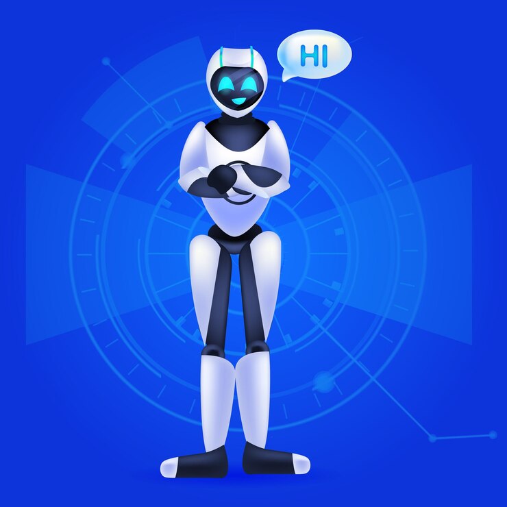 Vector lindo robot cyborg con hola discurso burbuja de chat comunicación chatbot servicio al cliente inteligencia artificial tecnología concepto ilustración vectorial de longitud completa