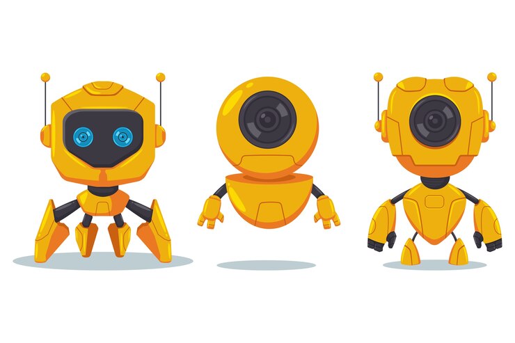 Vector lindo robot y cyborg vector conjunto de caracteres de dibujos animados planos aislado en blanco