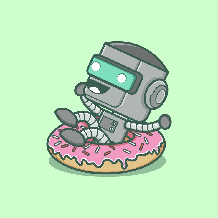 Vector lindo robot de dibujos animados con donut