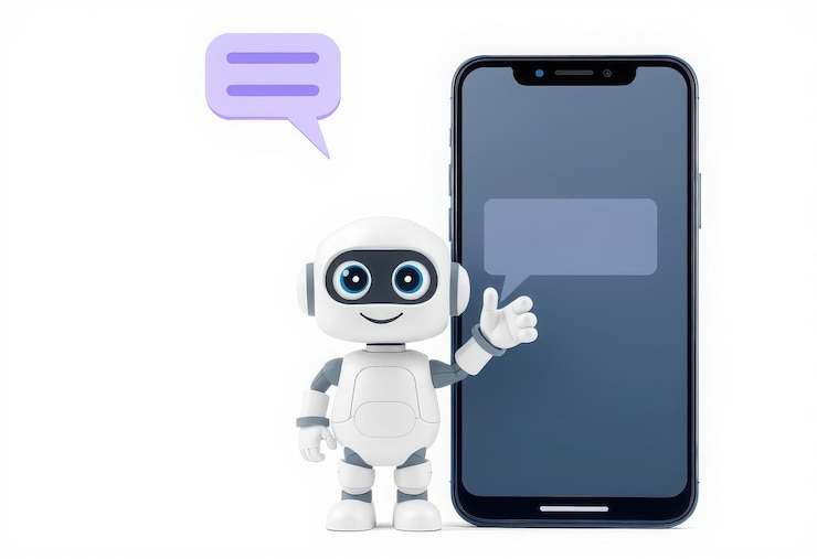 Vector lindo robot de dibujos animados expresión amigable agitando la mano burbuja de habla gran teléfono inteligente azul y blanco