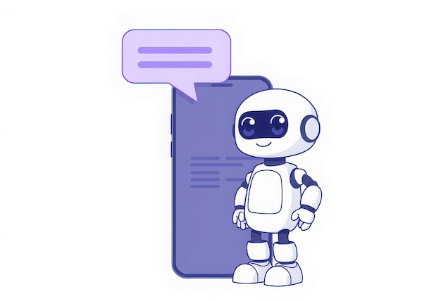Lindo robot de dibujos animados expresión amigable agitando la mano burbuja de habla gran teléfono inteligente azul y blanco