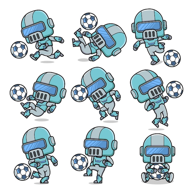 Lindo robot de dibujos animados jugando al fútbol