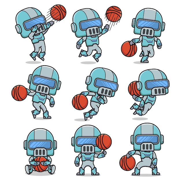 Lindo robot de dibujos animados jugando baloncesto