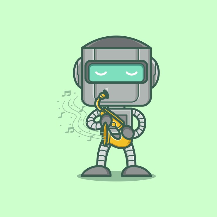 Vector lindo robot de dibujos animados tocando el saxofón