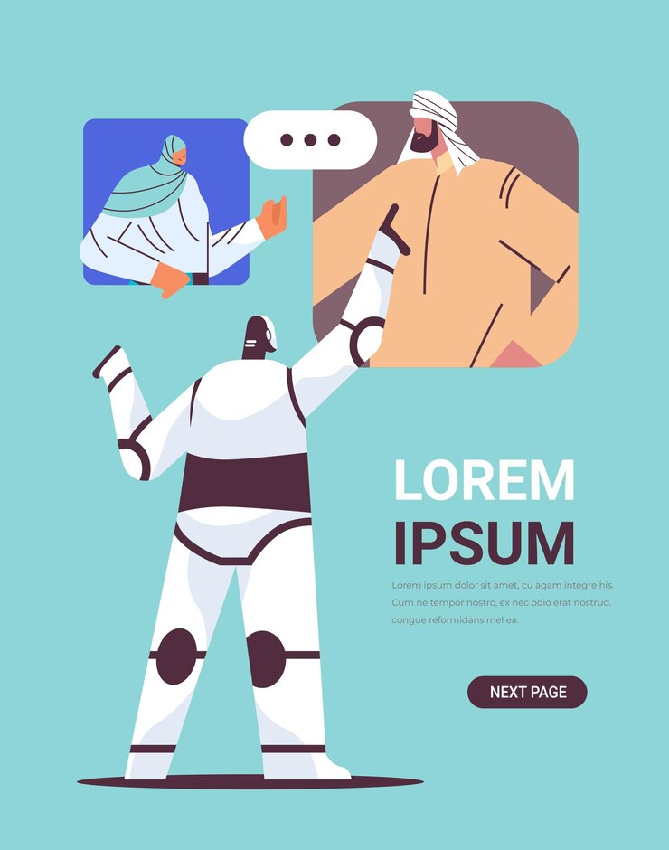 Vector lindo robot discutiendo con los árabes durante la videollamada comunicación en línea concepto de tecnología de inteligencia artificial ilustración vectorial vertical de longitud completa