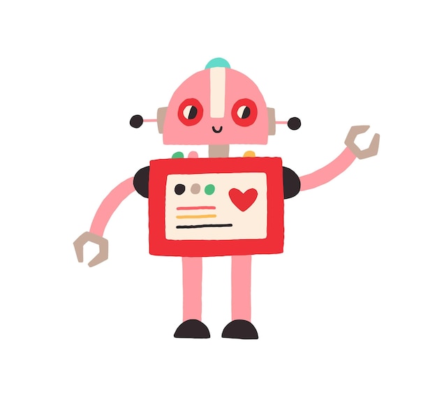Lindo robot feliz con corazón. Adorable personaje de bebé en estilo garabato. Ilustración de vector de dibujos animados planos coloreados aislado sobre fondo blanco.