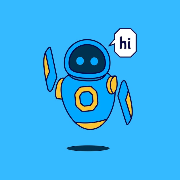 Lindo robot mascota azul saludando y diciendo hola icono de dibujos animados ilustración. Diseño plano de dibujos animados