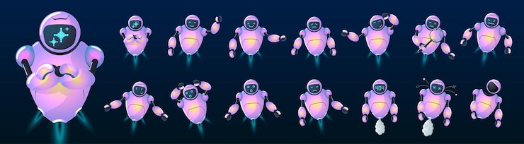 Vector lindo robot mascota conjunto futurista ai chatbot personajes en varias poses ciborgs amigables con