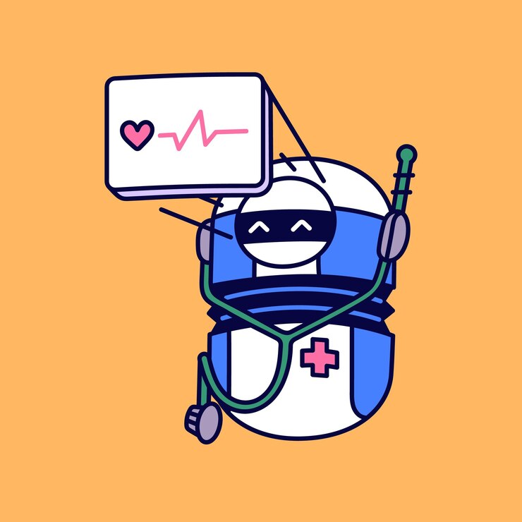 Vector lindo robot médico muestra cardiograma ecg máquina médica cuidado de la salud cardíaca salud informática de atención médica programa de ia con estetoscopio para clínica de hospital ilustración de vector aislado plano