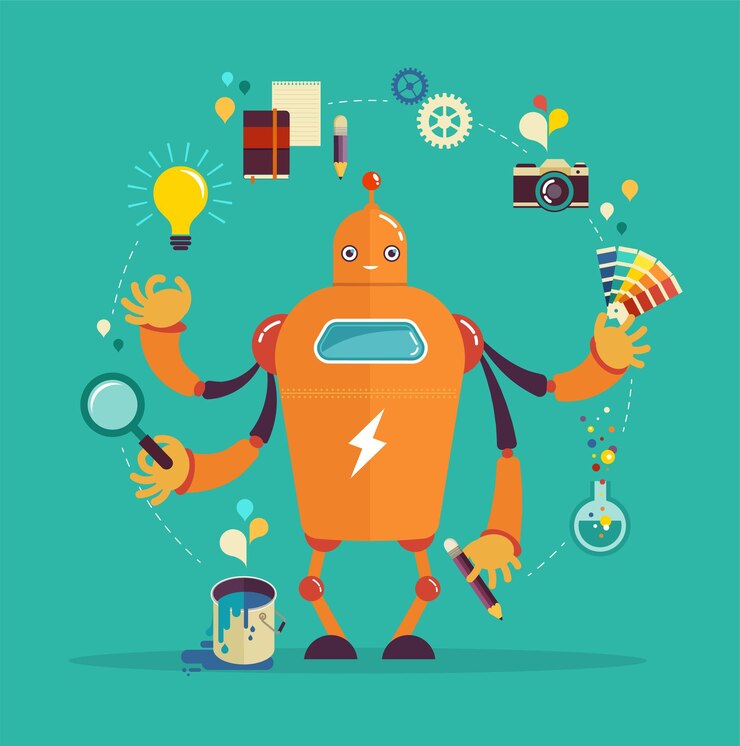 Vector lindo robot multitarea: diseño gráfico y pensamiento creativo