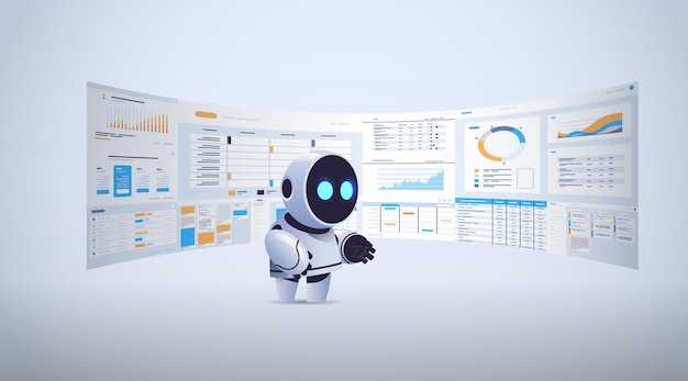 lindo robot que analiza estadísticas de datos financieros en tableros virtuales tecnología de inteligencia artificial