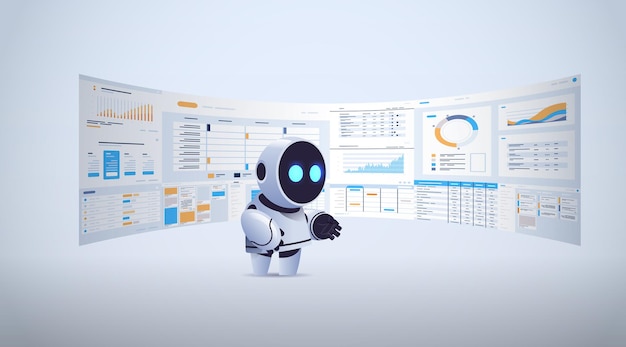 Lindo robot que analiza estadísticas de datos financieros en tableros virtuales tecnología de inteligencia artificial