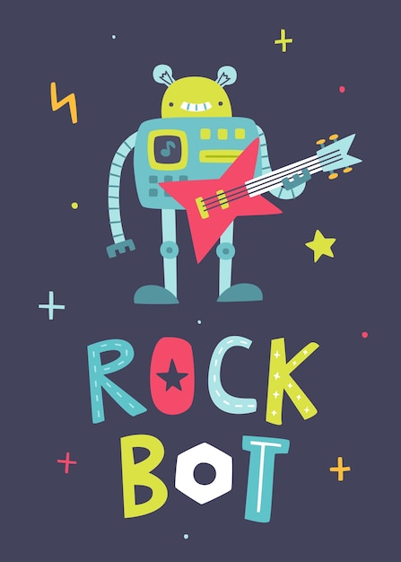 Vector lindo robot de rock con basguitar afiche de robot de rock de dibujos animados para niños impresión vectorial para bebé