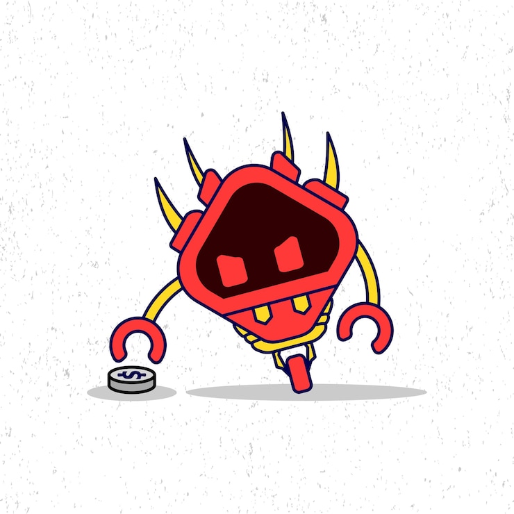 Vector lindo robot rojo toma monedas icono ilustración