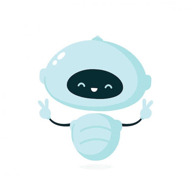 Lindo robot sonriente, bot. Ilustración de personaje de dibujos animados plano moderno. Aislado sobre fondo blanco. Robot amigable, concepto de chat bot
